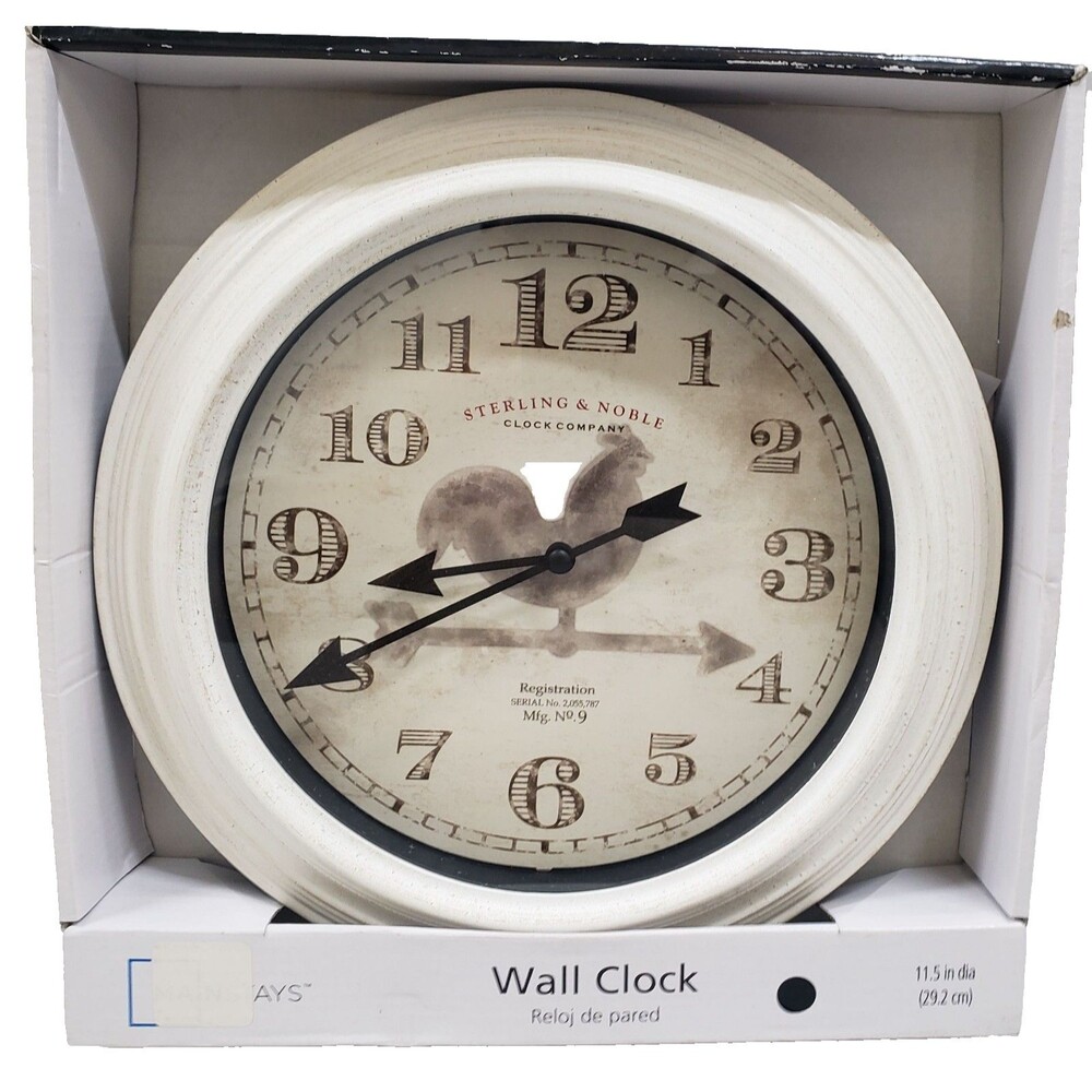 Plastic Decorative Kitchen Wall Clock,11.5", white rim, ROOSTER ON THE ARROW, MS